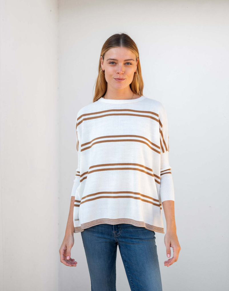 Catalina Crewneck Sweater in White + Tobacco Double Stripe