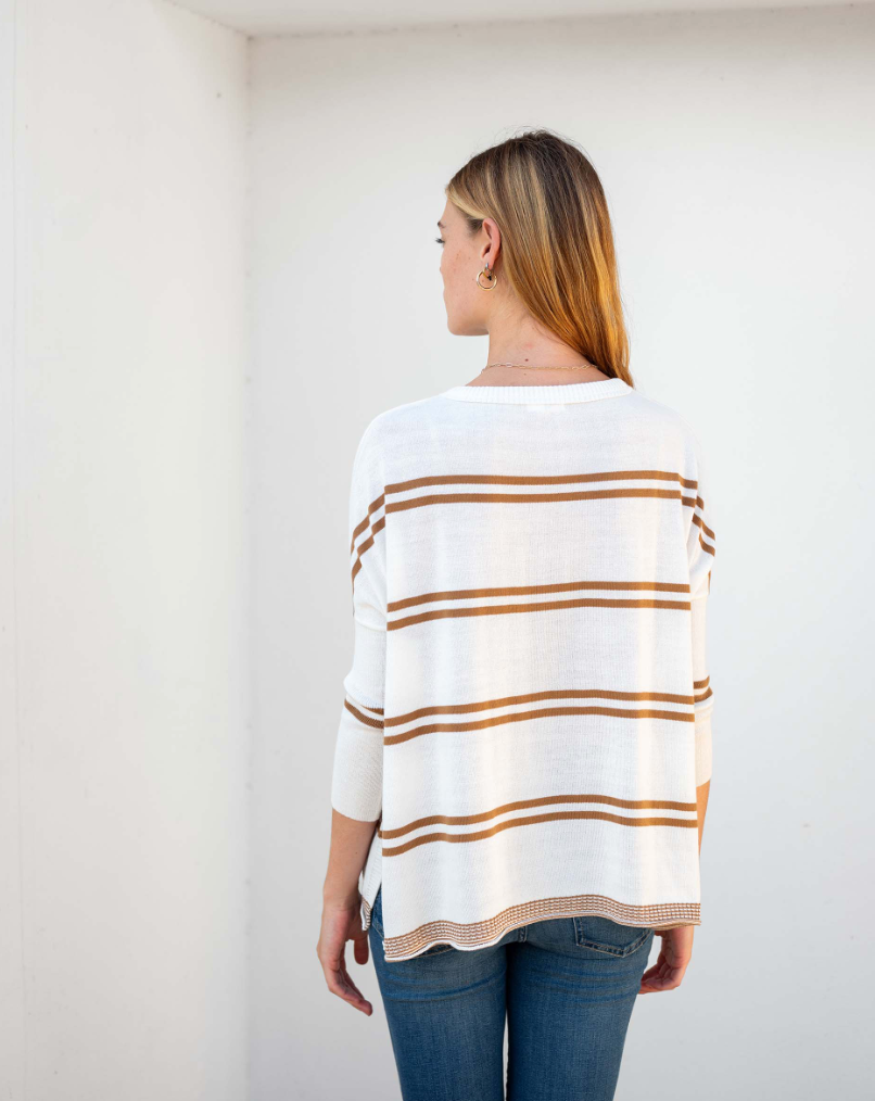 Catalina Crewneck Sweater in White + Tobacco Double Stripe