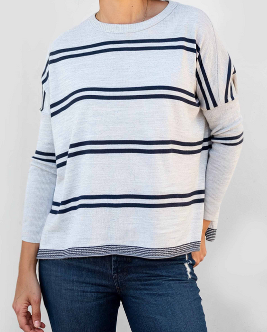 Catalina Crewneck Sweater in Grey + Navy Double Stripe