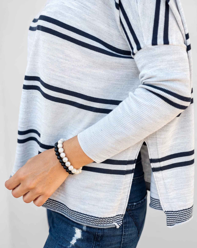 Catalina Crewneck Sweater in Grey + Navy Double Stripe