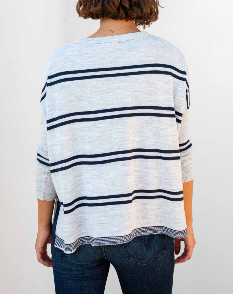 Catalina Crewneck Sweater in Grey + Navy Double Stripe