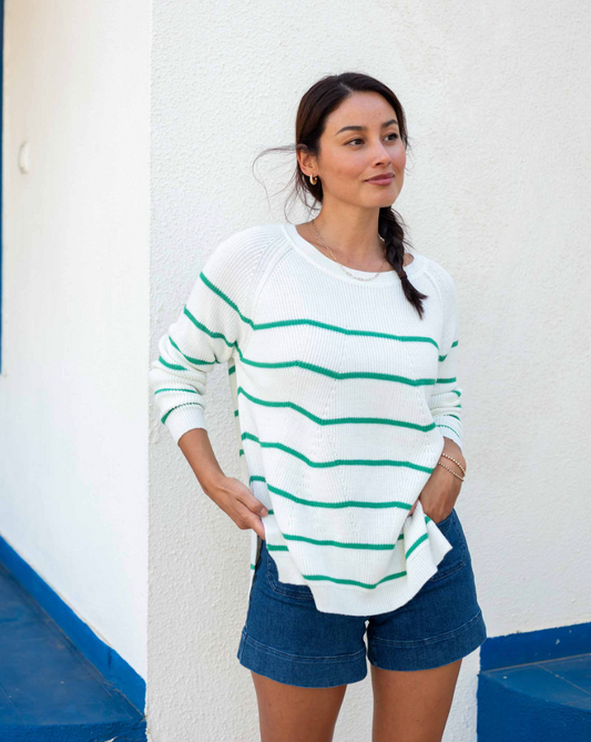 Camden Sweater in White + Green Stripe