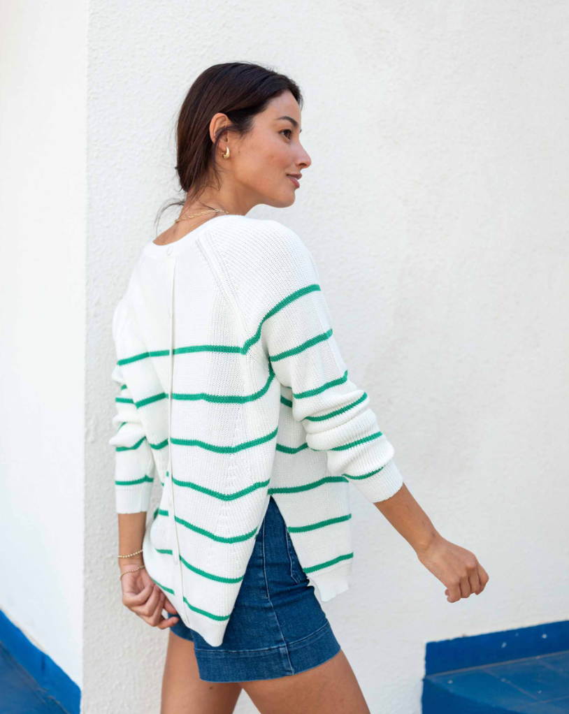 Camden Sweater in White + Green Stripe