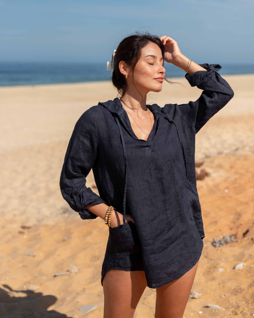 Hermosa Linen Hoodie Tunic in Navy