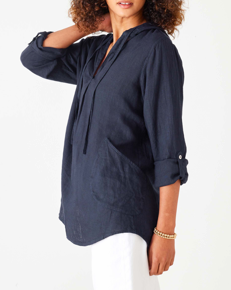 Hermosa Linen Hoodie Tunic in Navy