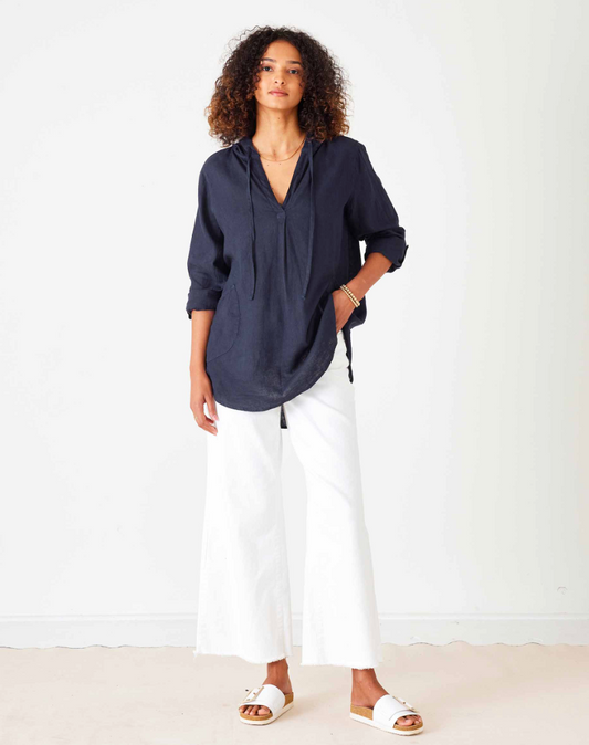 Hermosa Linen Hoodie Tunic in Navy