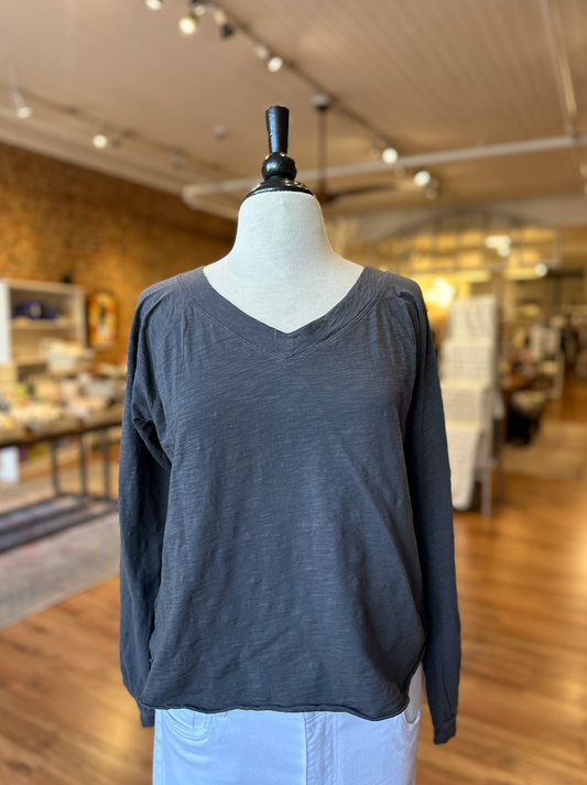 Long Sleeve Open V-Neck Tee in Washed Ebony