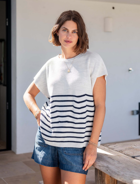 Camden Short Sleeve Sweater in Sea Salt + Navy Stripe