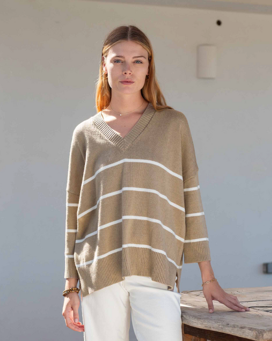 Montauk Cotton V-Neck in Khaki Stripe