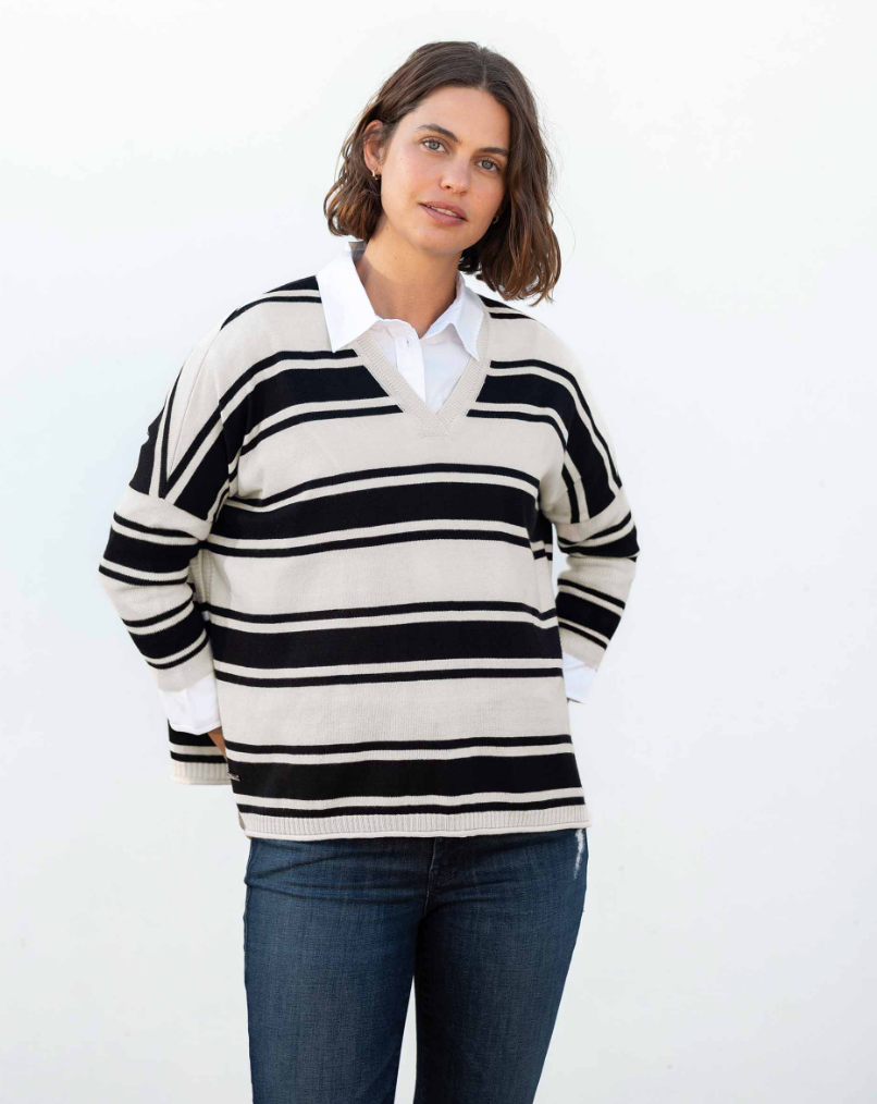 Catalina V-Neck Sweater in  Black + White Stripe