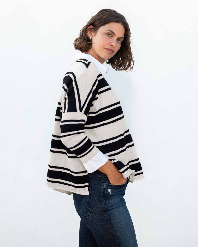 Catalina V-Neck Sweater in  Black + White Stripe