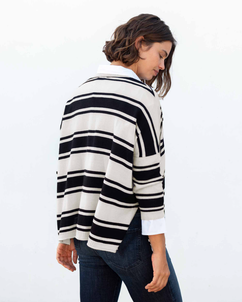 Catalina V-Neck Sweater in  Black + White Stripe