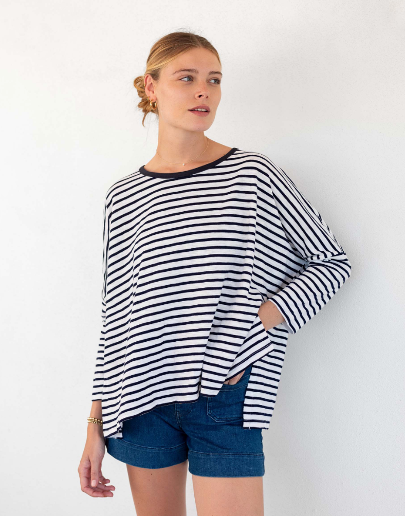 Catalina Slub Tee in White + Navy Stripe Ringer