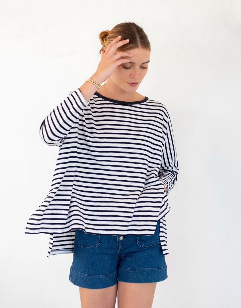 Catalina Slub Tee in White + Navy Stripe Ringer