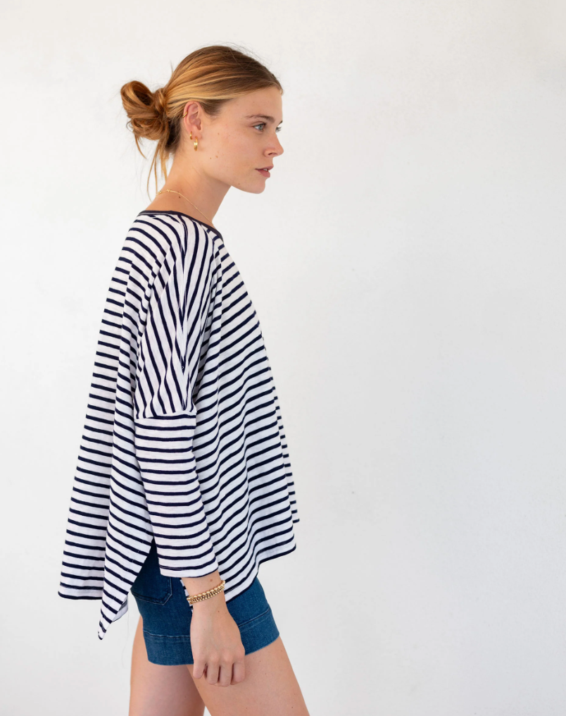 Catalina Slub Tee in White + Navy Stripe Ringer