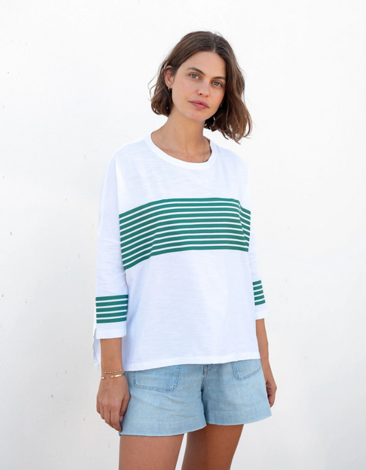 Catalina Slub Tee in White + Green Sporty Stripe