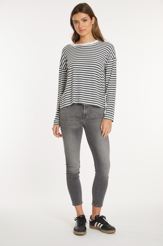 Drop Shoulder Boxy Crew Tee in Ivory/Charcoal Stripe