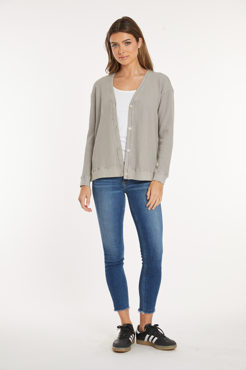 Long Sleeve Button Front Waffle Longer Cardi Moonshine