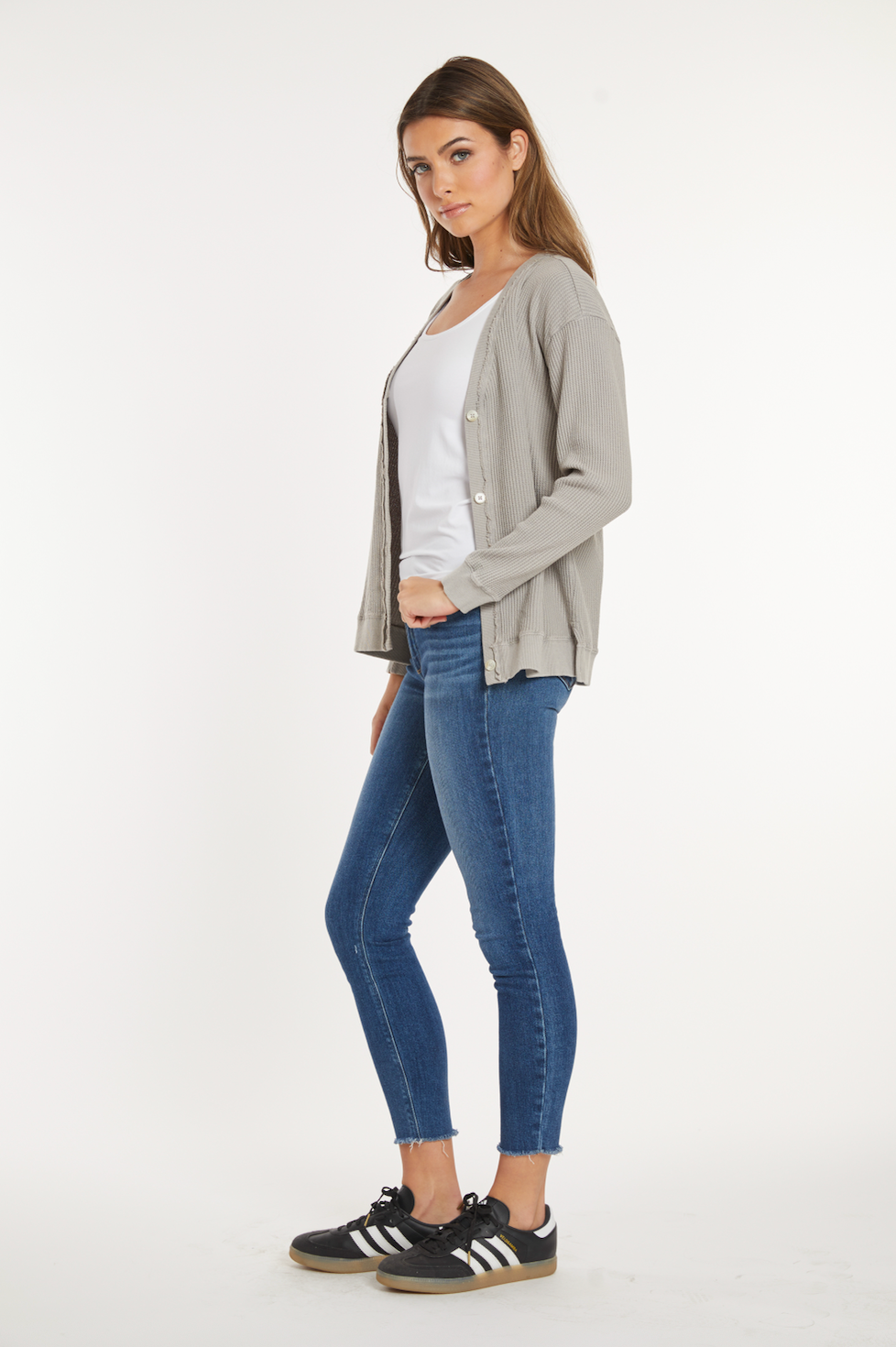Long Sleeve Button Front Waffle Longer Cardi Moonshine