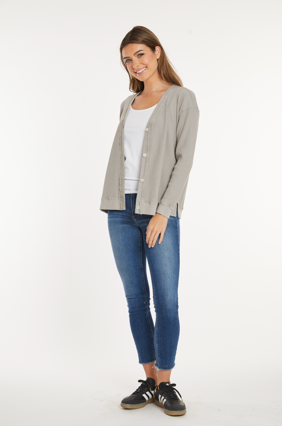 Long Sleeve Button Front Waffle Longer Cardi Moonshine