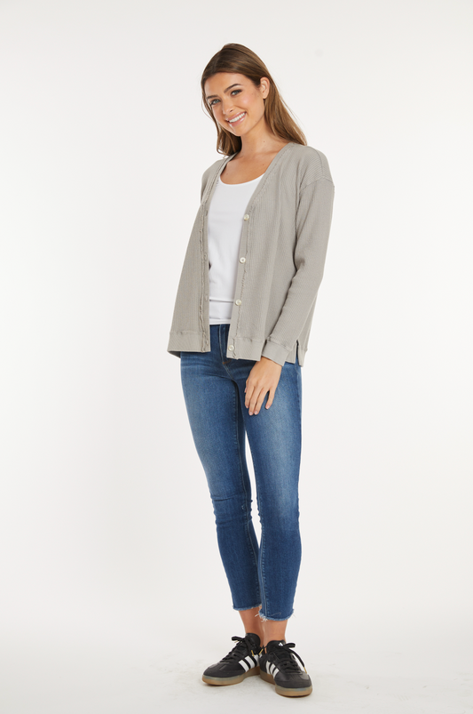 Long Sleeve Button Front Waffle Longer Cardi Moonshine