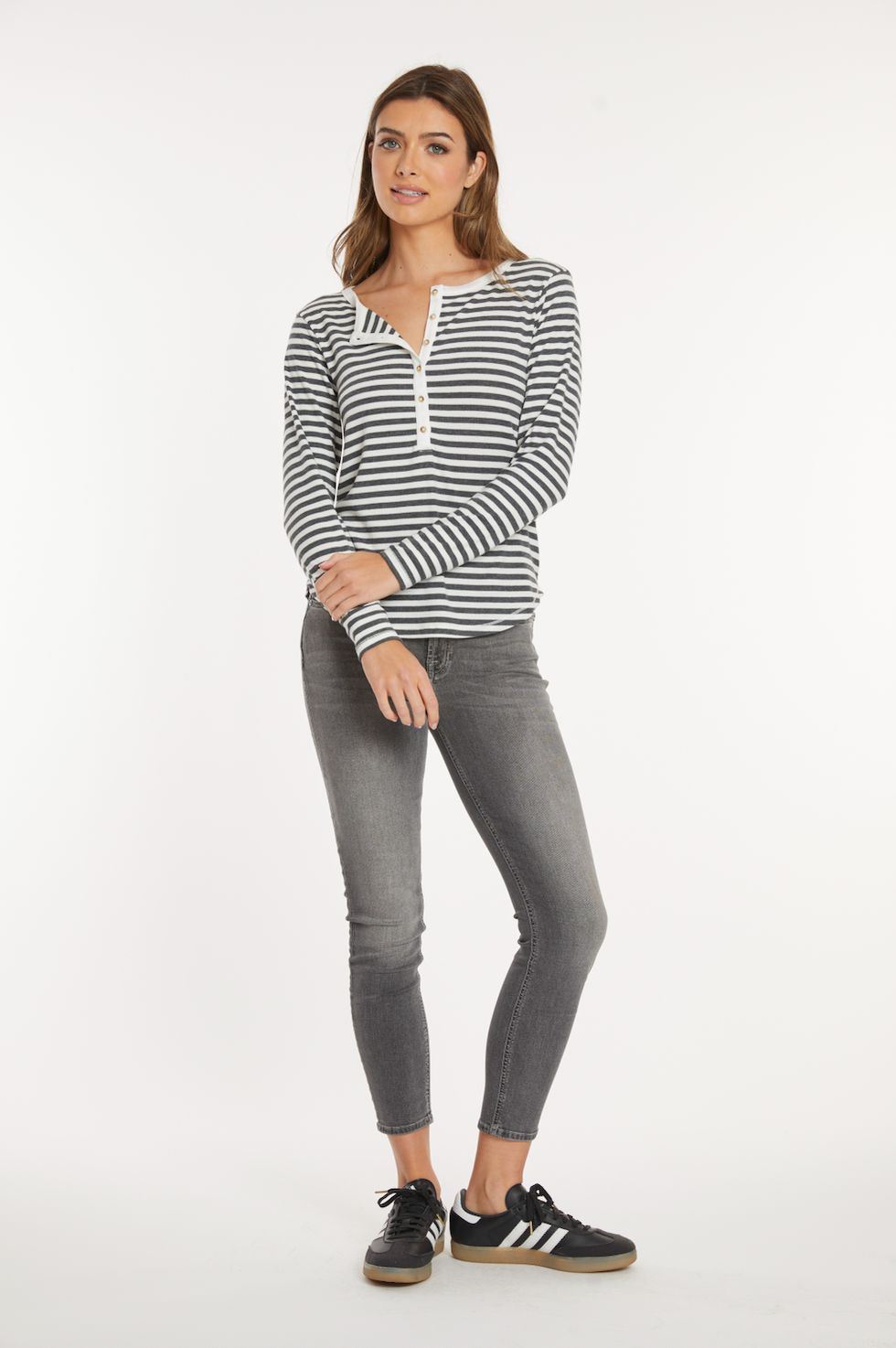 Slim Shirttail Henley in Ivory/Charcoal Stripe