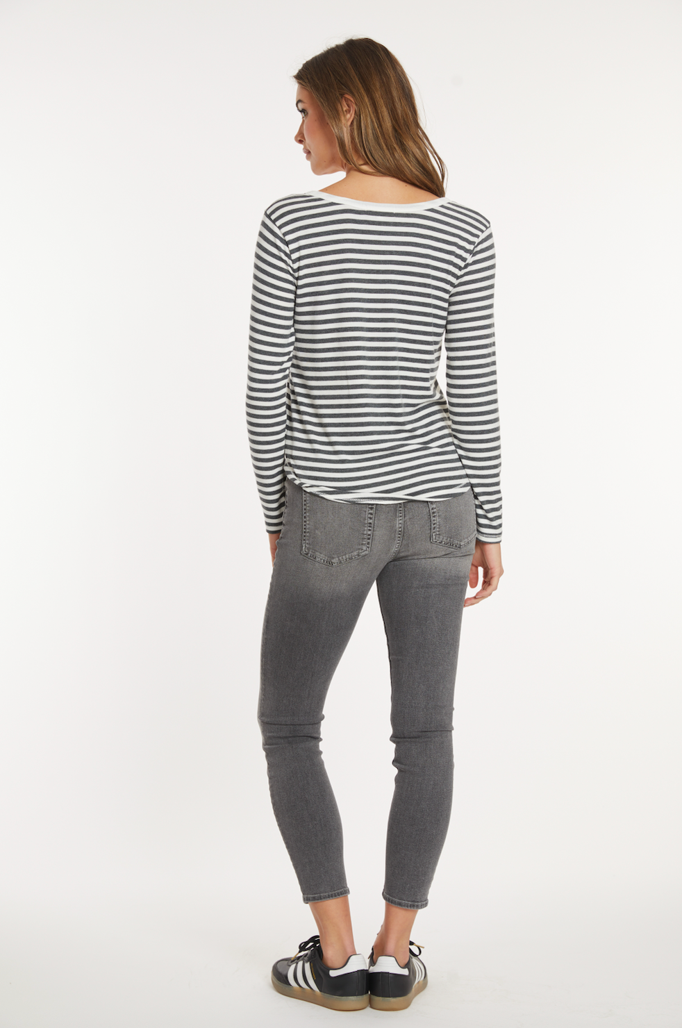 Slim Shirttail Henley in Ivory/Charcoal Stripe