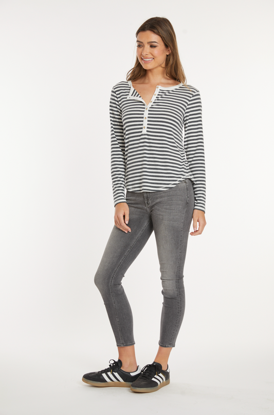 Slim Shirttail Henley in Ivory/Charcoal Stripe