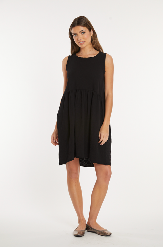 Drop Shirred Waist Tank Dress in Black
