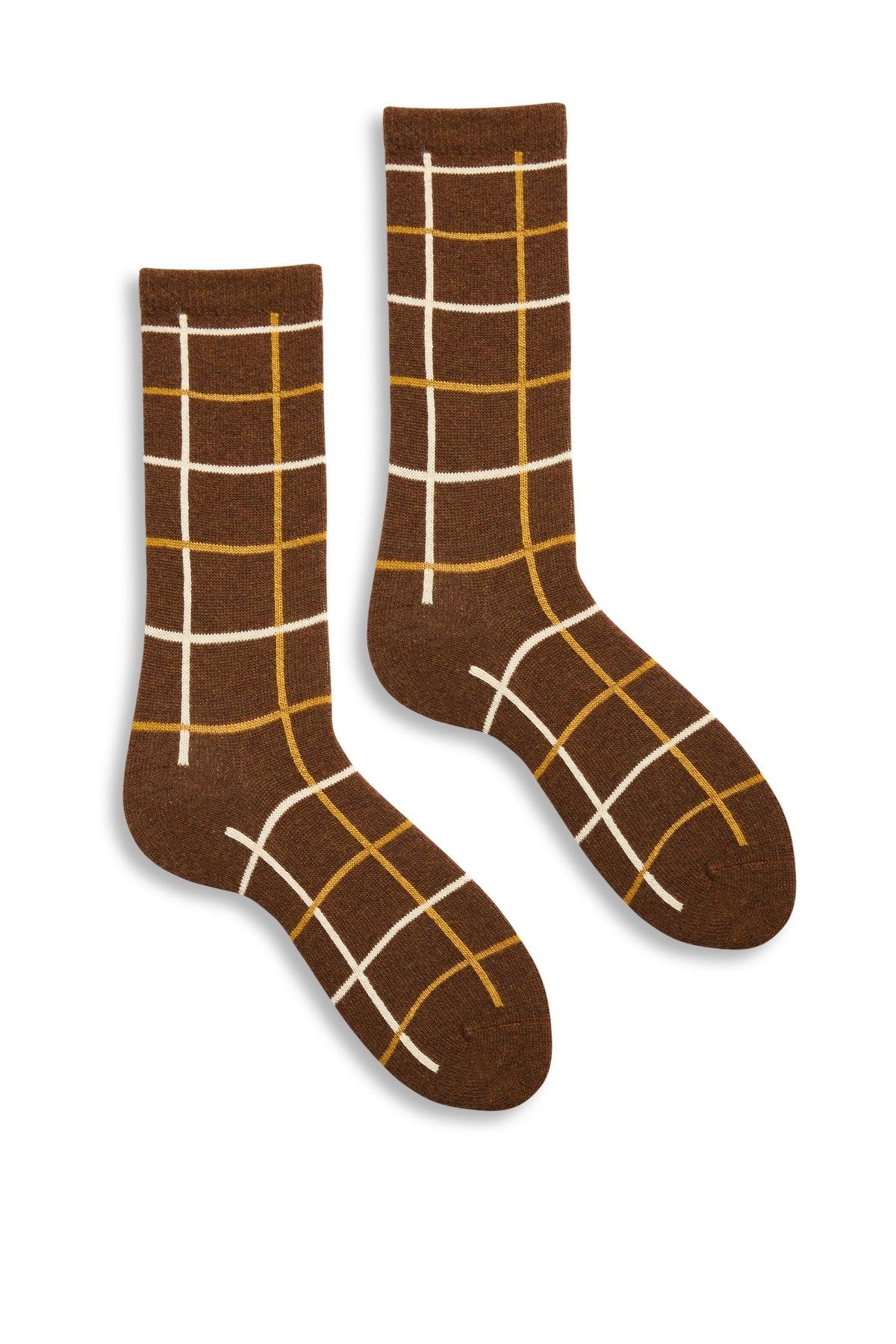 Women's Windowpane Wool Cashmere Crew Socks in Acorn