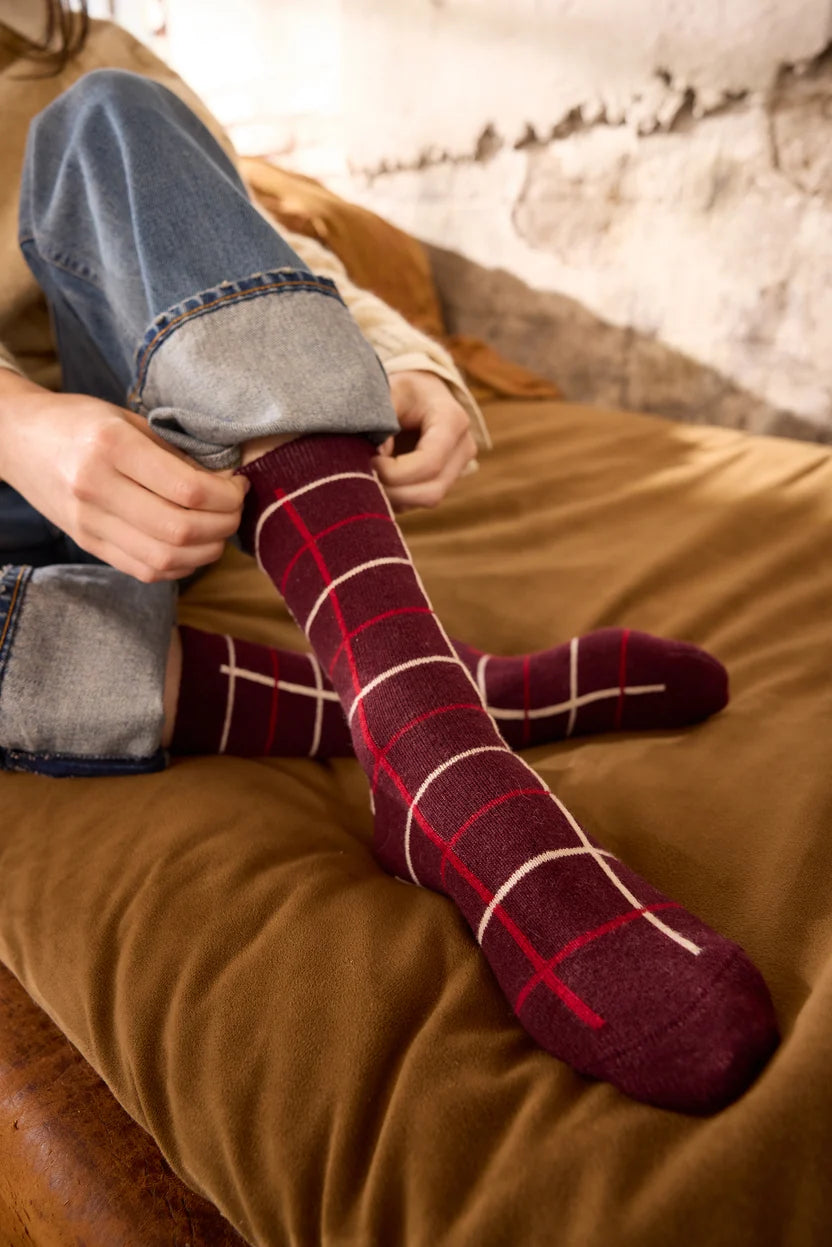 Women's Windowpane Wool Cashmere Crew Socks