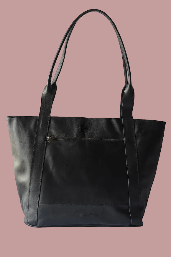 Black leather tote bag on a white background