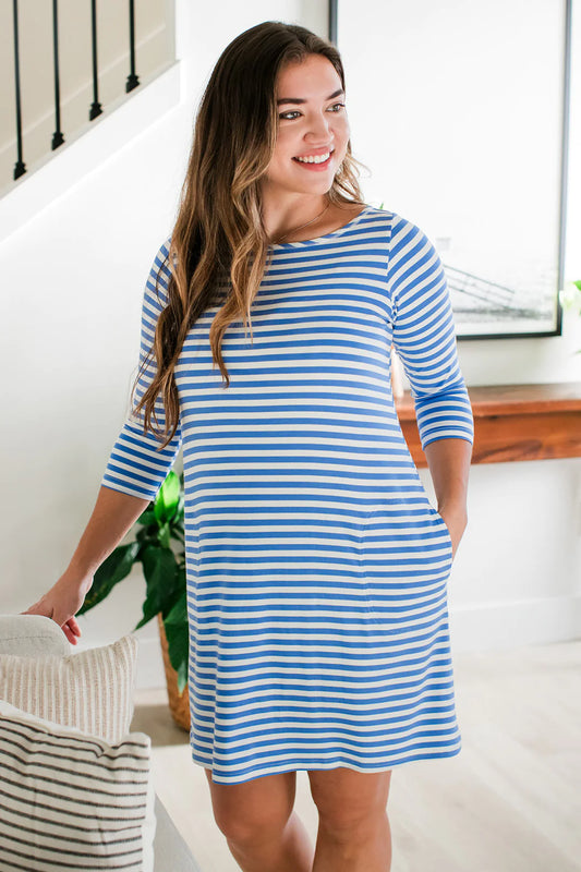 Rita Boatneck A-Line Bamboo Dress With Pockets in French Blue Classic Stripe
