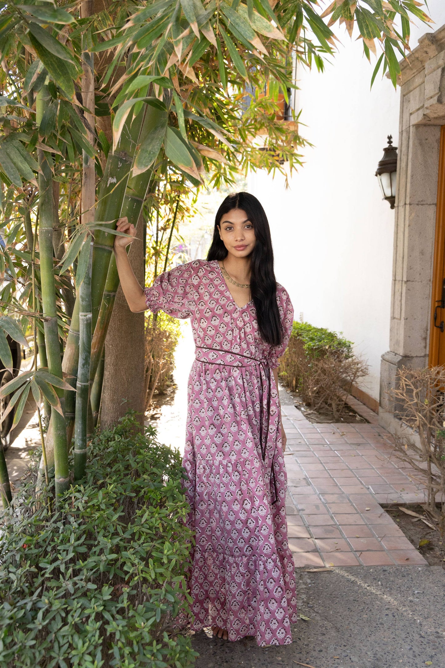 Imara Block Printed Cotton Maxi Dress in Rose