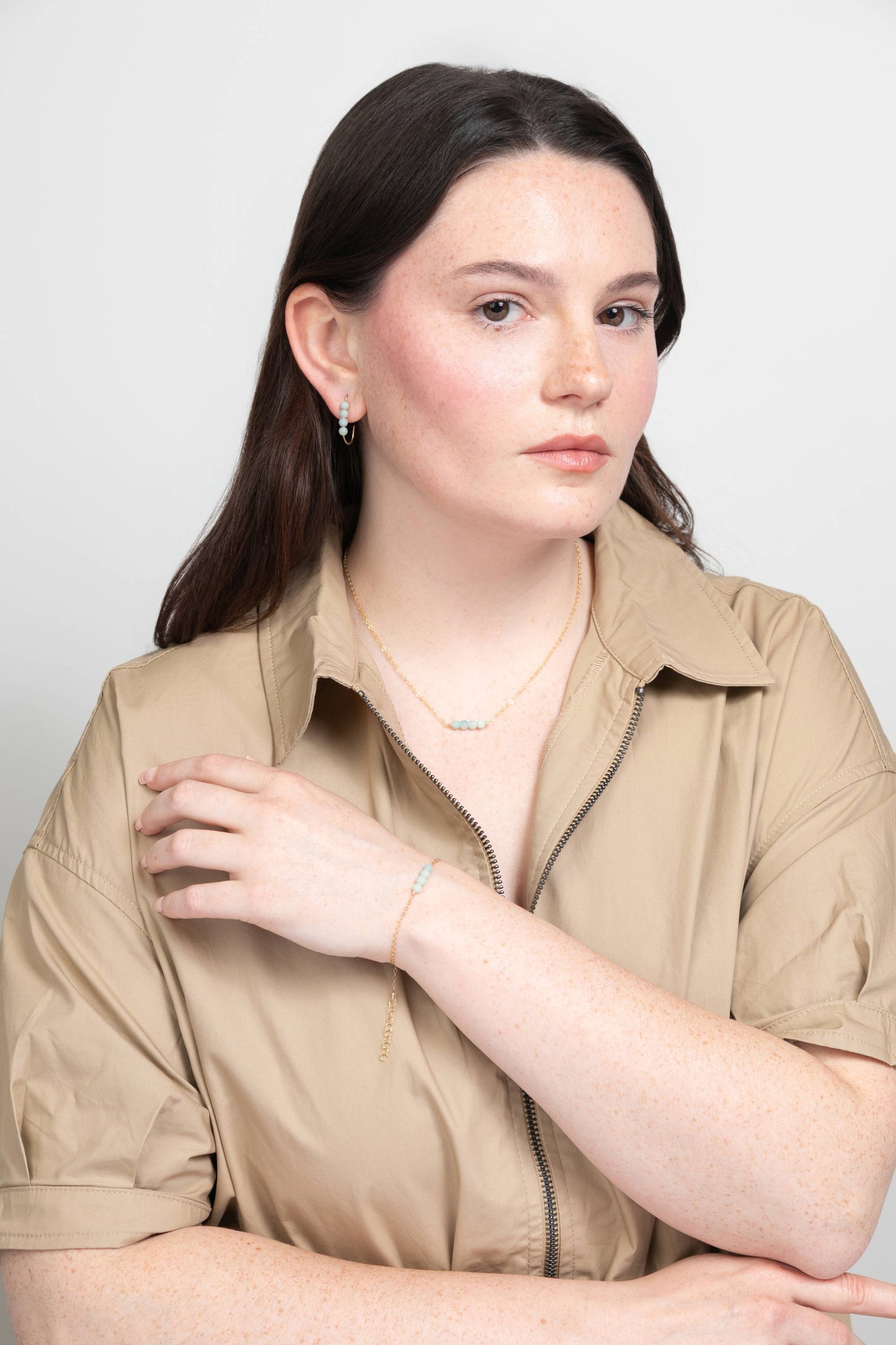 Jordan Amazonite Beaded J-Hoop Earrings in 14K Gold Filled