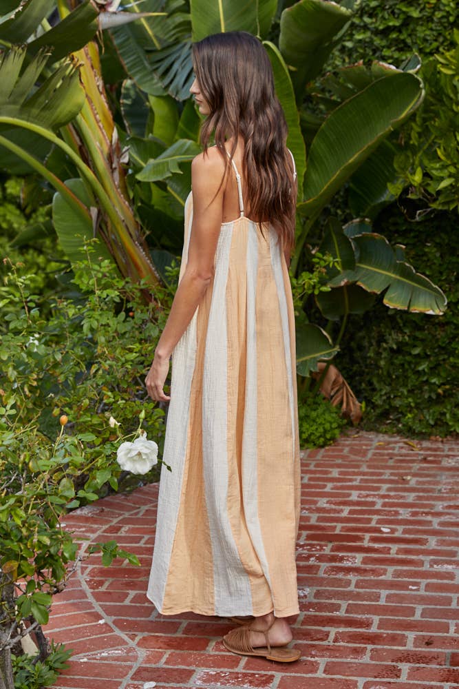 The Gauze Stripe Cami Midi Dress in Cream & Coral