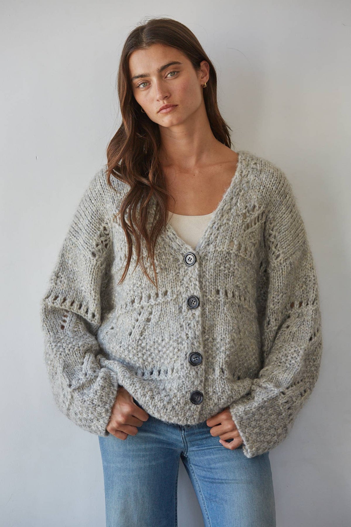 Textured Crochet Button-Front Cardigan in Heather Grey