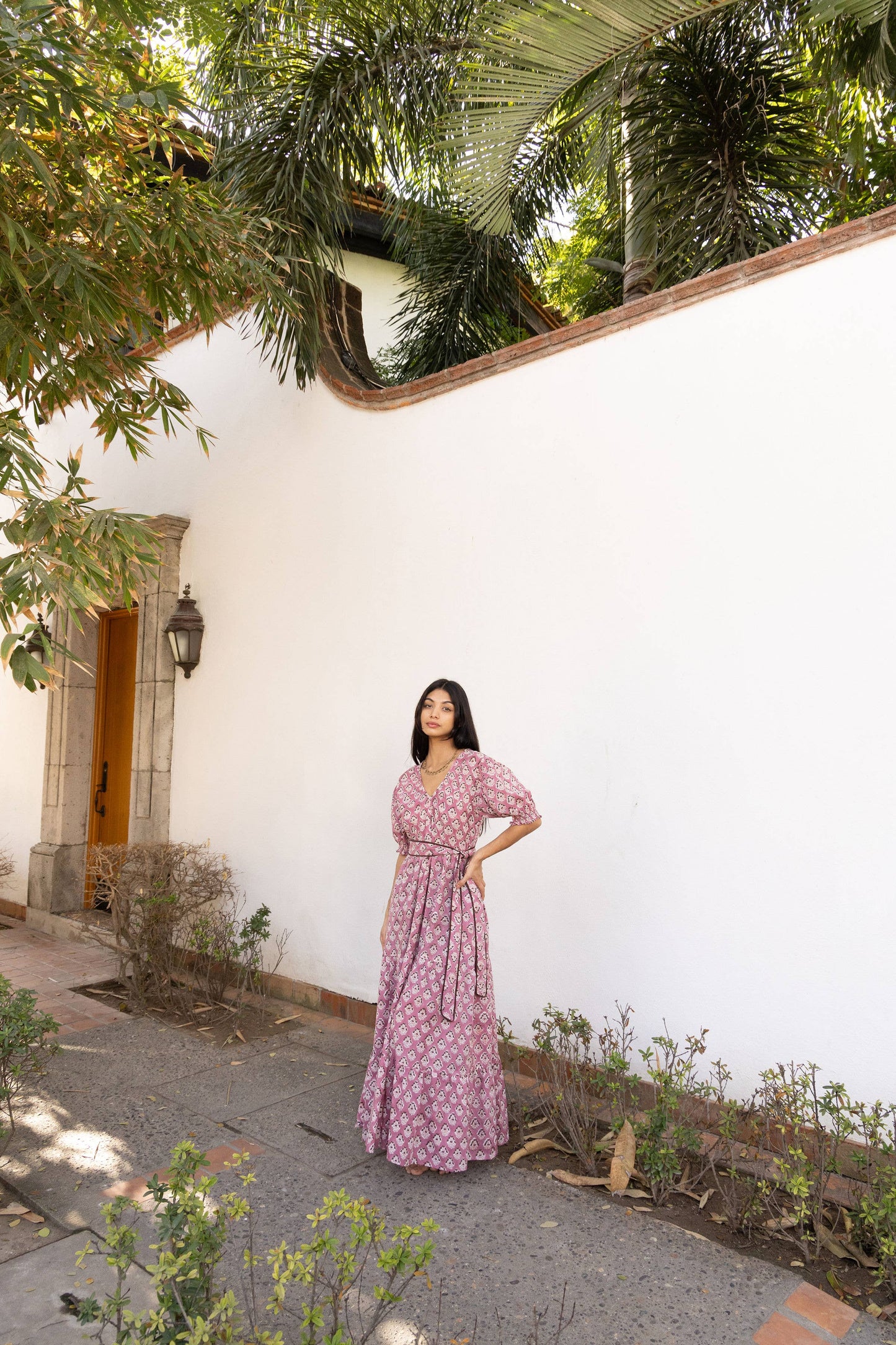 Imara Block Printed Cotton Maxi Dress in Rose