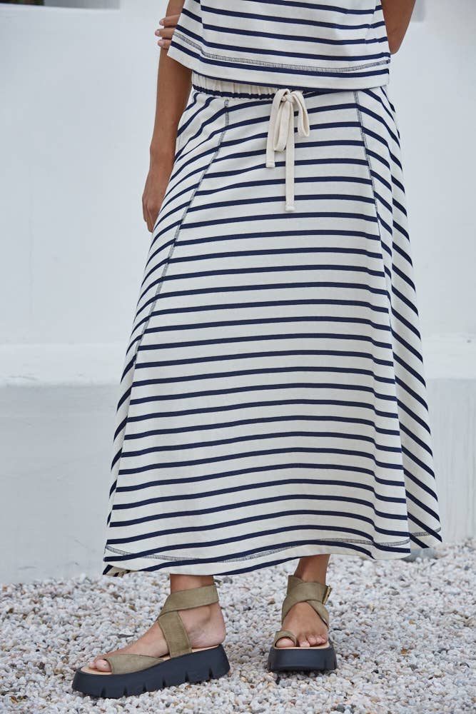The Stripe Knit Midi Skirt in Cream & Navy
