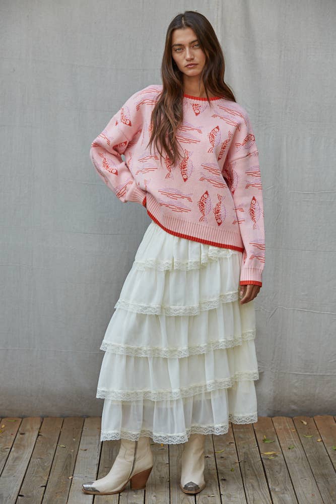 Fish Jacquard Crew Neck Sweater