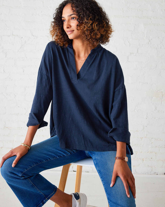 Amelia Cuff Tee in Navy Chambray