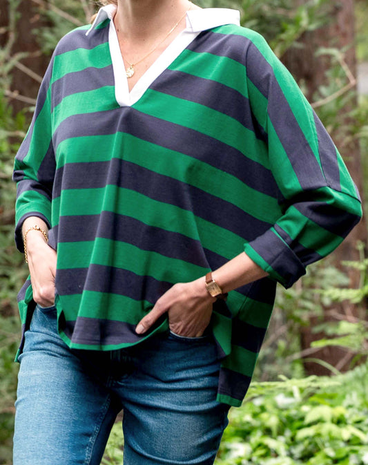 Amelia Rugby Tee in Navy + Green Stripe