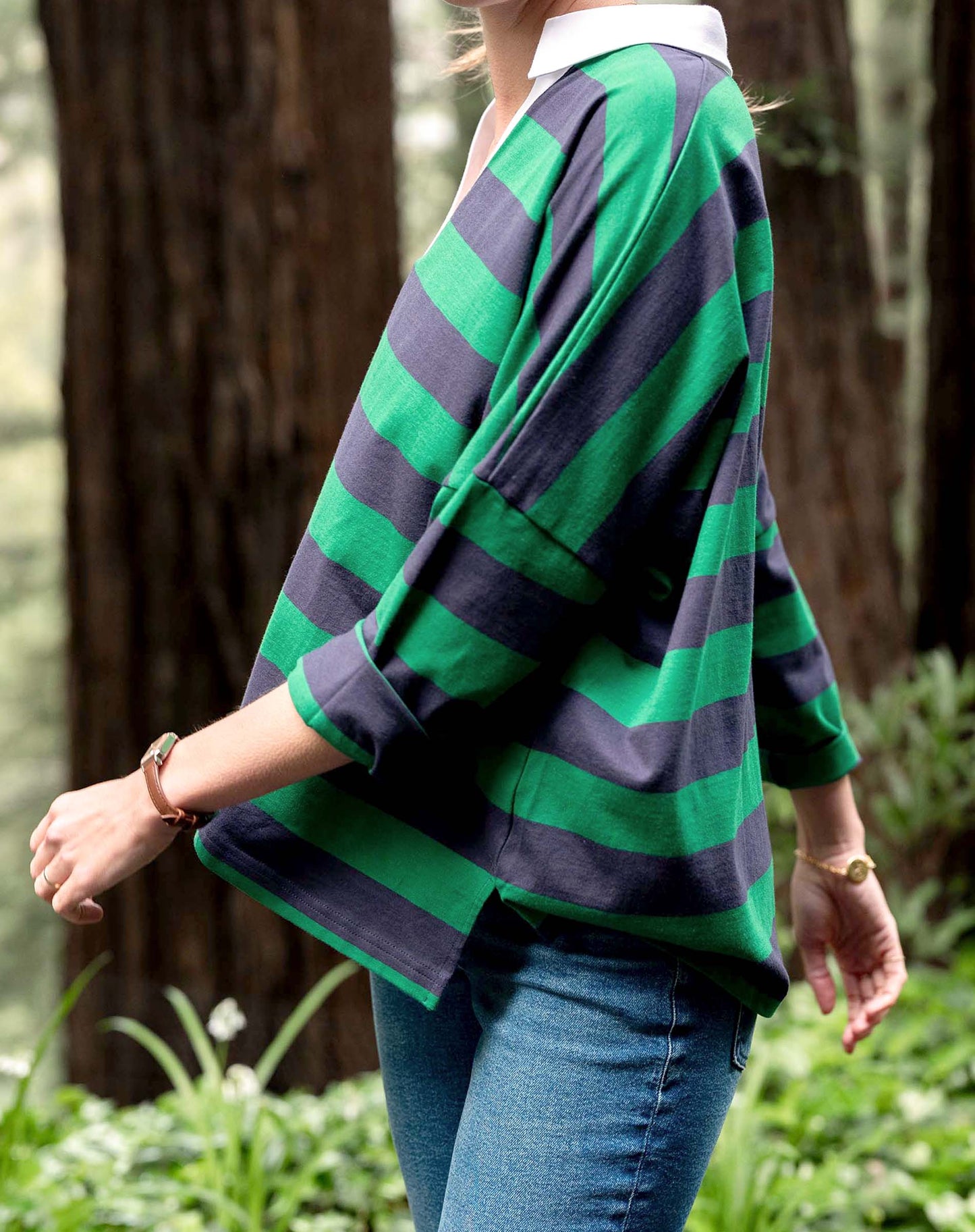 Amelia Rugby Tee in Navy + Green Stripe