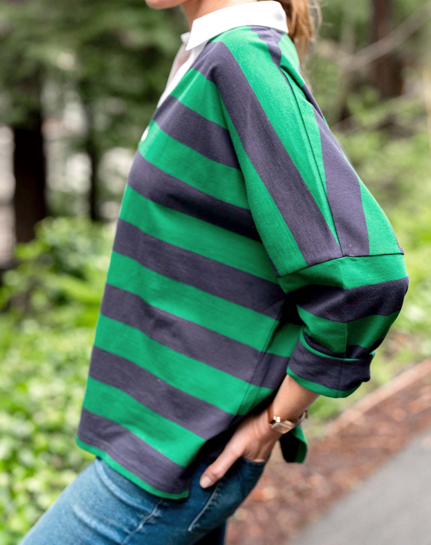 Amelia Rugby Tee in Navy + Green Stripe
