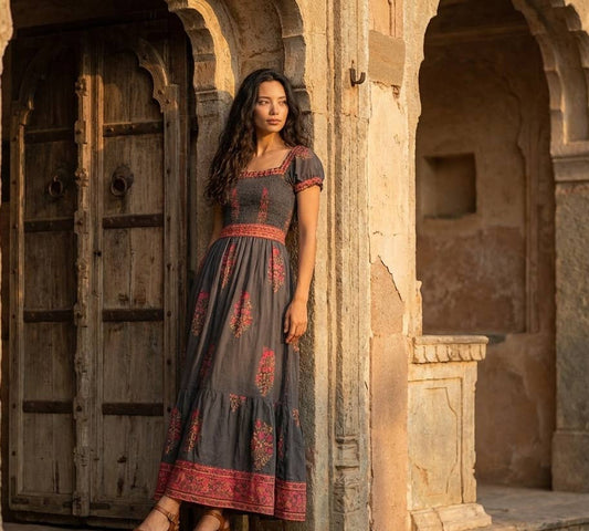 Paloma Block Printed Smocked Maxi Dress in Bougainvillea