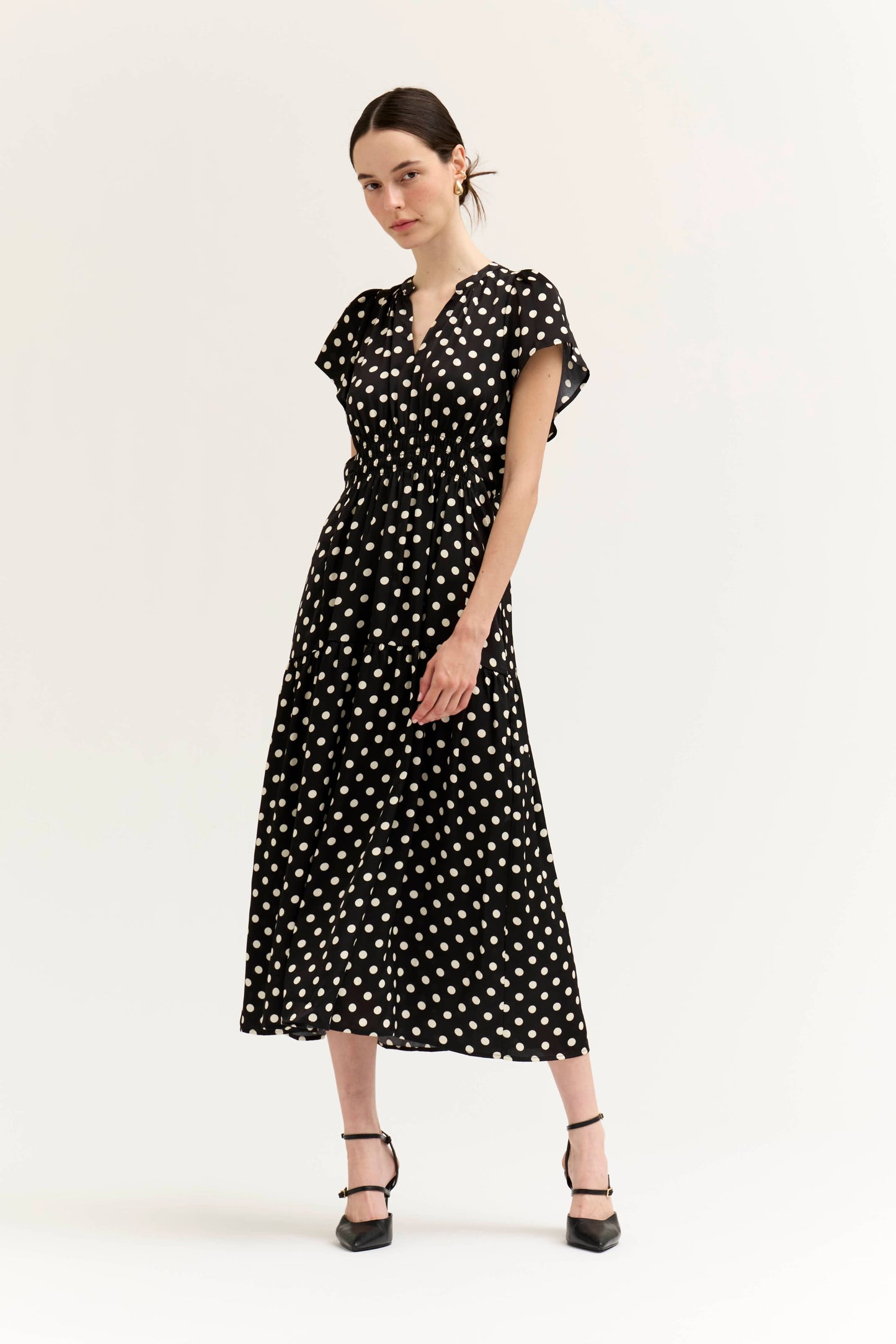 Polka Dot Ruffle Satin Midi Dress