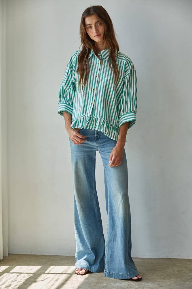 Ruffle Hem Striped Buttondown Shirt in Green