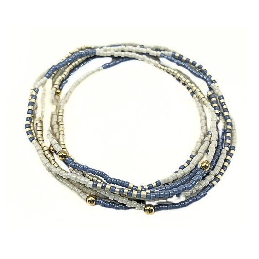 Maui in Steel Blue & Champagne 7 Stack Beaded Bracelet: Steel Blue, Cotton & Champagne