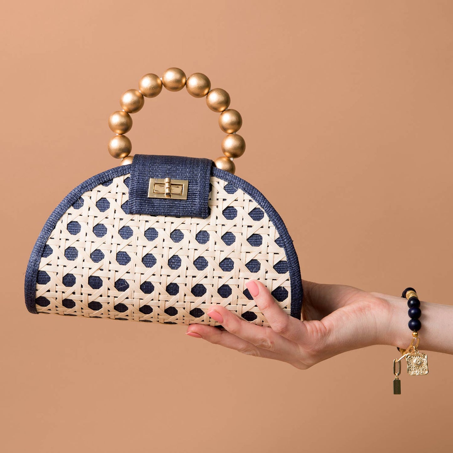 Navy Blue & Gold Woven Rattan Bella Statement Handbag
