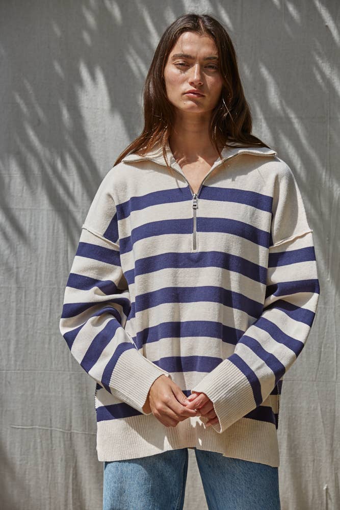 Striped Quarter Zip Mock Neck Sweater in Navy